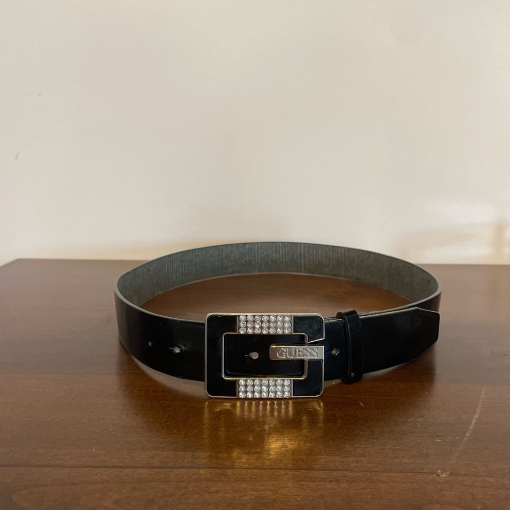 Black Y2K GUESS Belt with Rhinestone Buckle